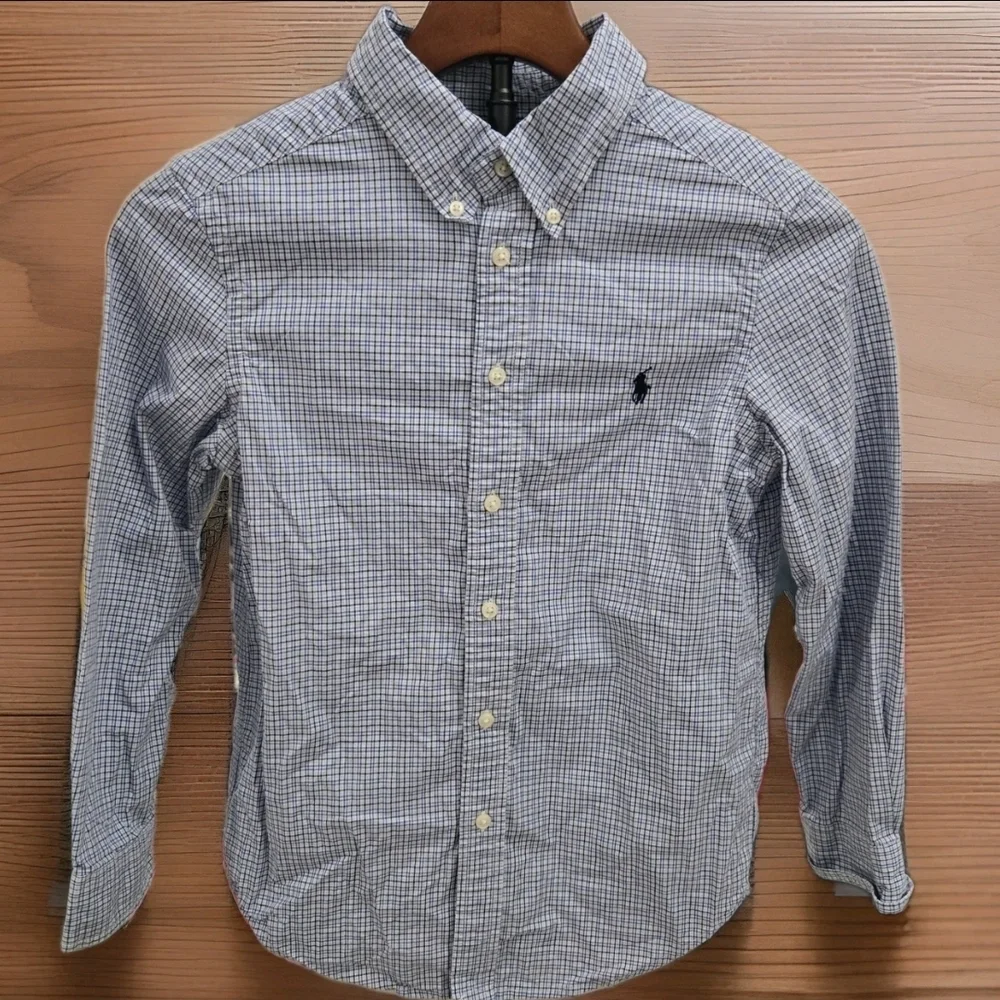 Polo Ralph Lauren Boys Long Sleeve Shirt M 10/12 Button Down Blue Plaid Stretch